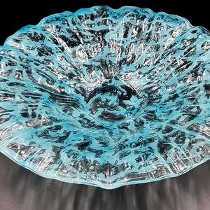 Art glass bubble dish bowl ruffled design blue clear signed ocean blue art deco